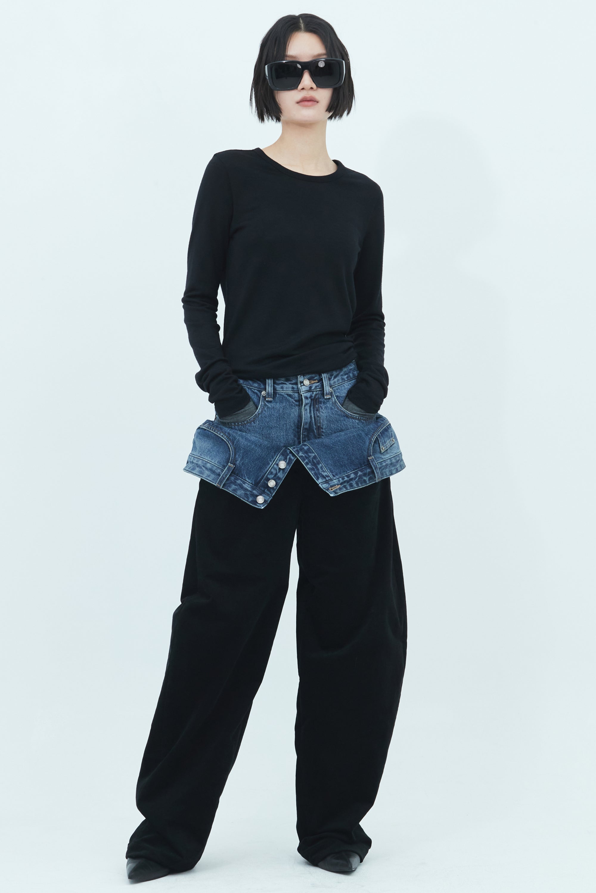 JUUN.J Flip Out Double Waist Pants - Denim/Black