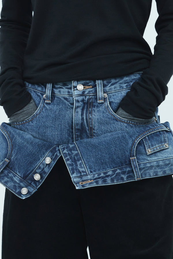 JUUN.J Flip Out Double Waist Pants - Denim/Black