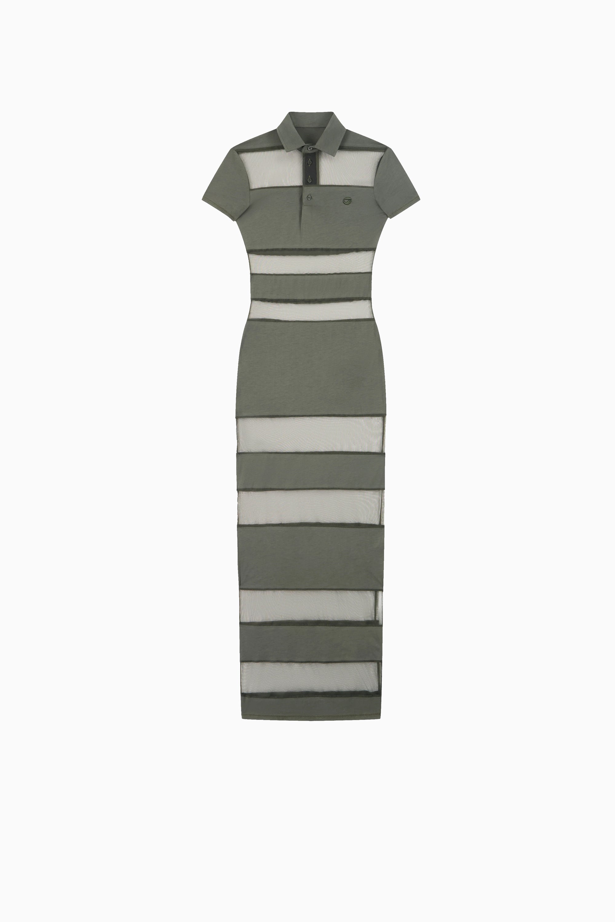 Knitted Striped Sheer Polo Dress - Green