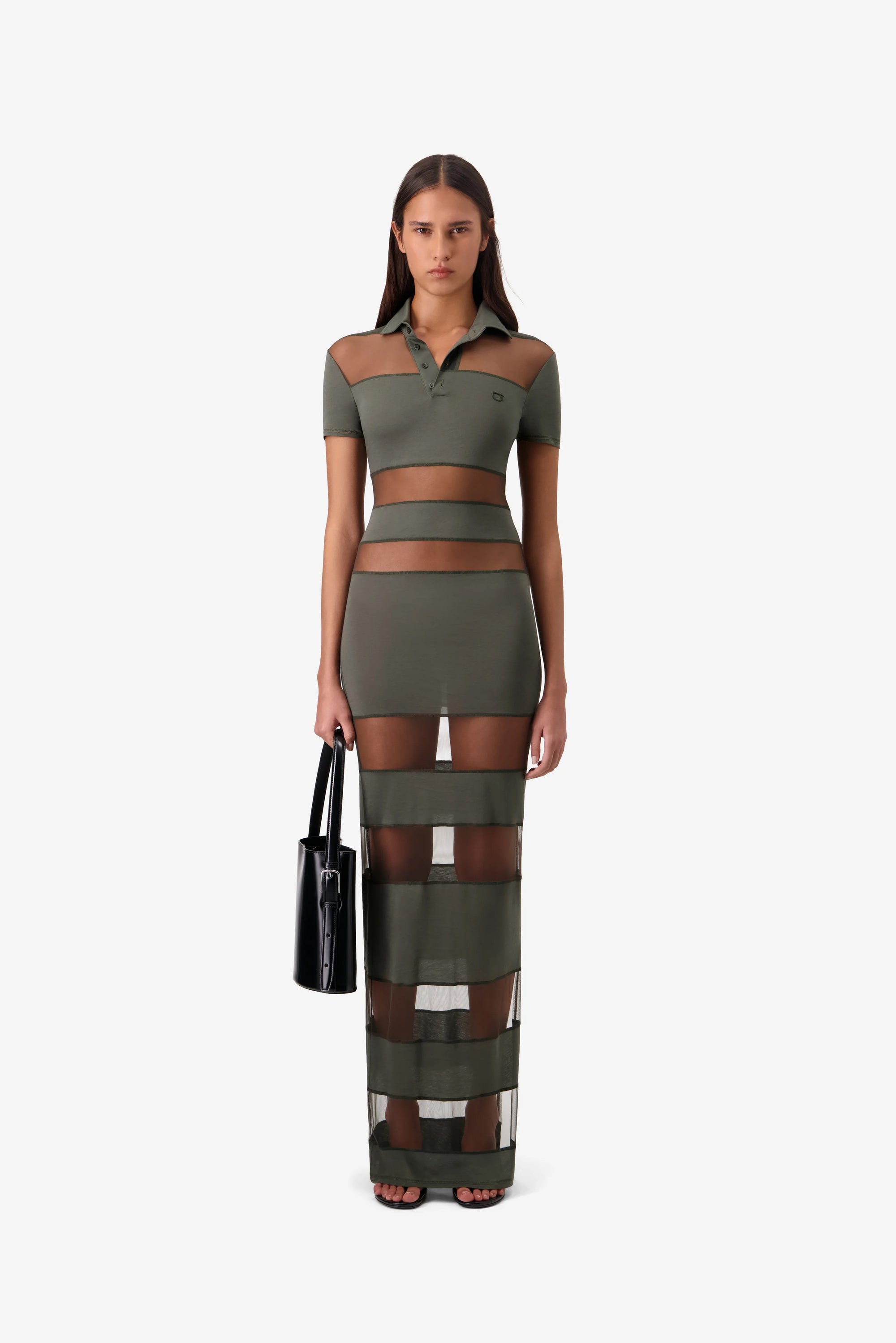 Knitted Striped Sheer Polo Dress - Green