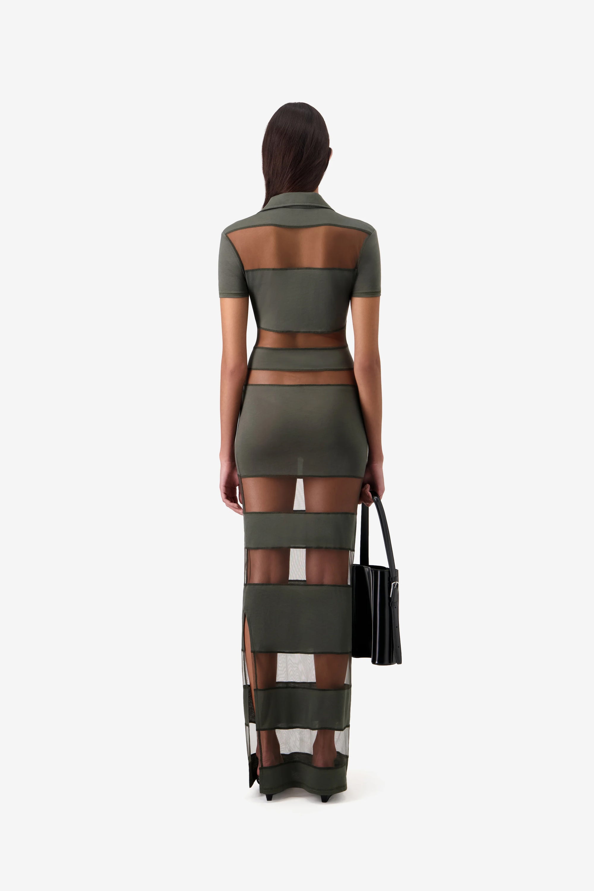 Knitted Striped Sheer Polo Dress - Green