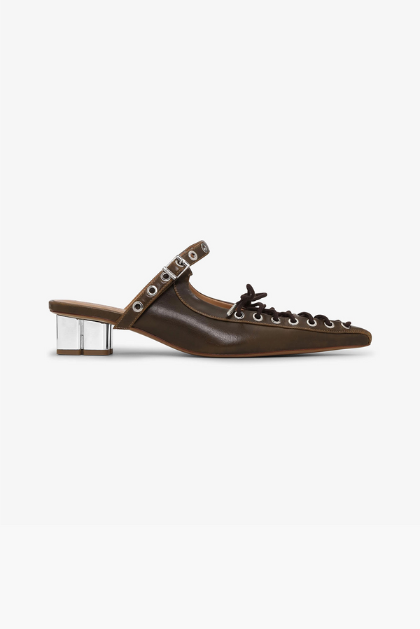 GANNI Eyelets Lace Up Mule Crinkle Heel - Dark Olive