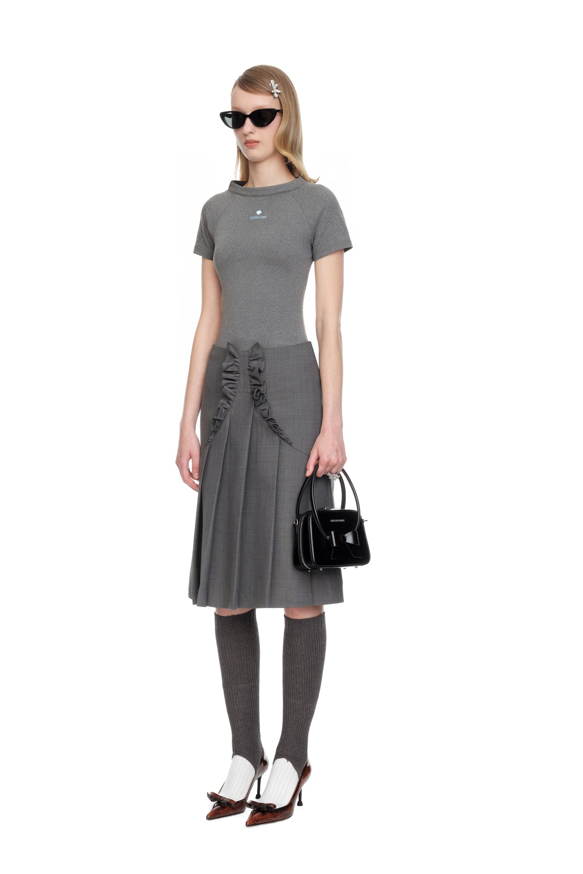 Lace Trim Pleated Skirt - Grey