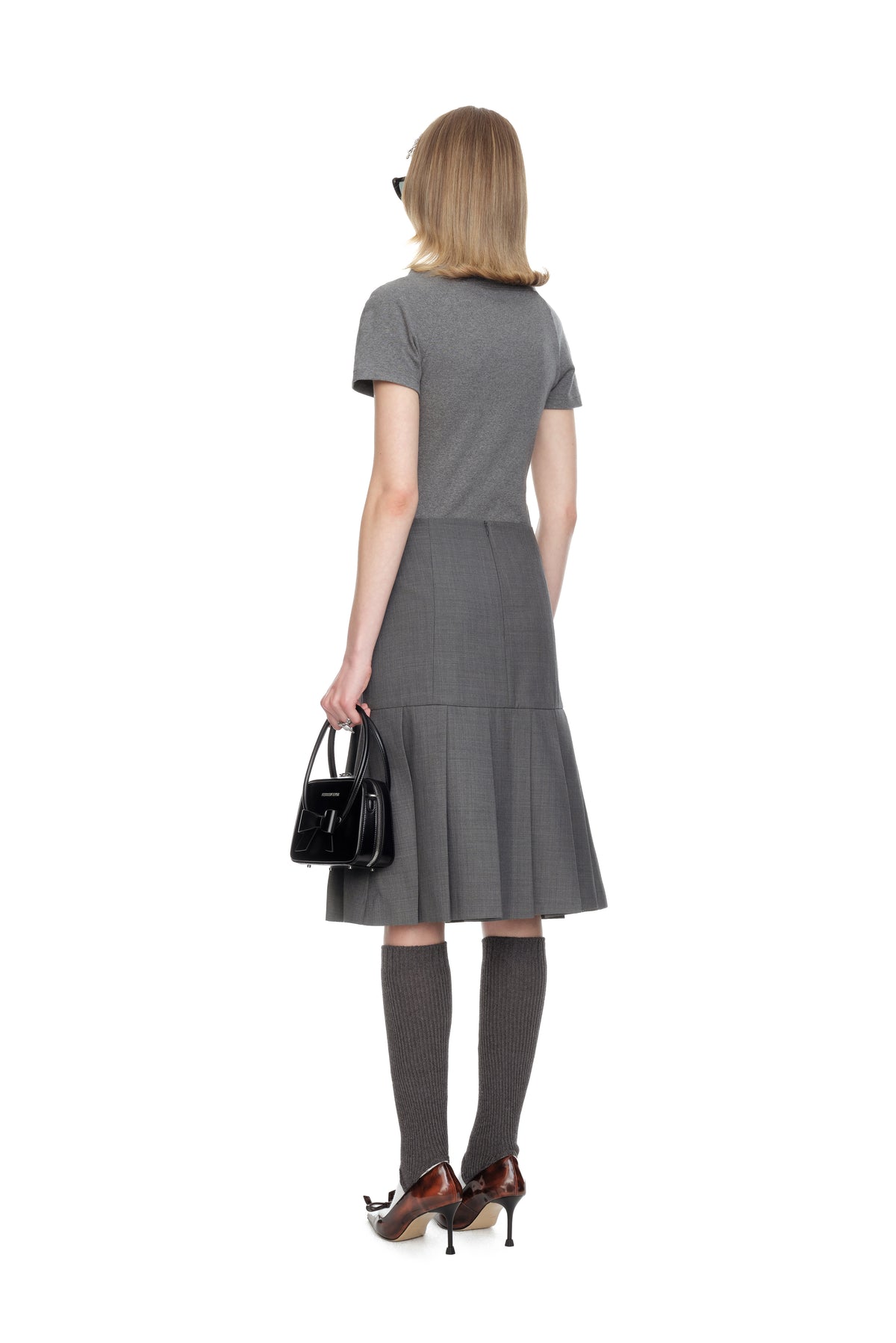 Lace Trim Pleated Skirt - Grey
