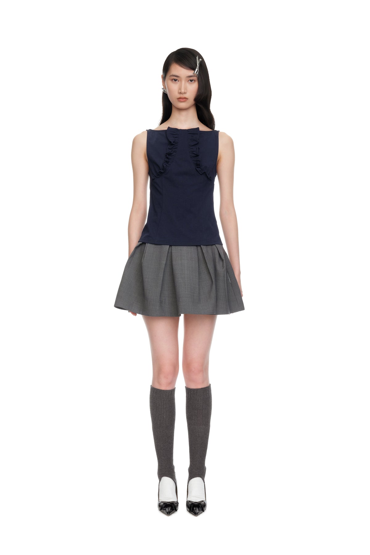 Lace Trim Sleeveless Fitted T-Shirt - Navy Blue