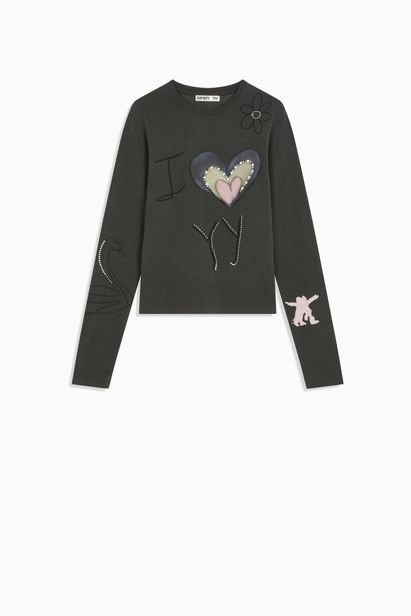 OPEN YY Beaded I Love Yy Tee - Grey