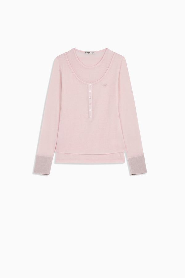 OPEN YY Layered Henley Lounge Tee - Pink