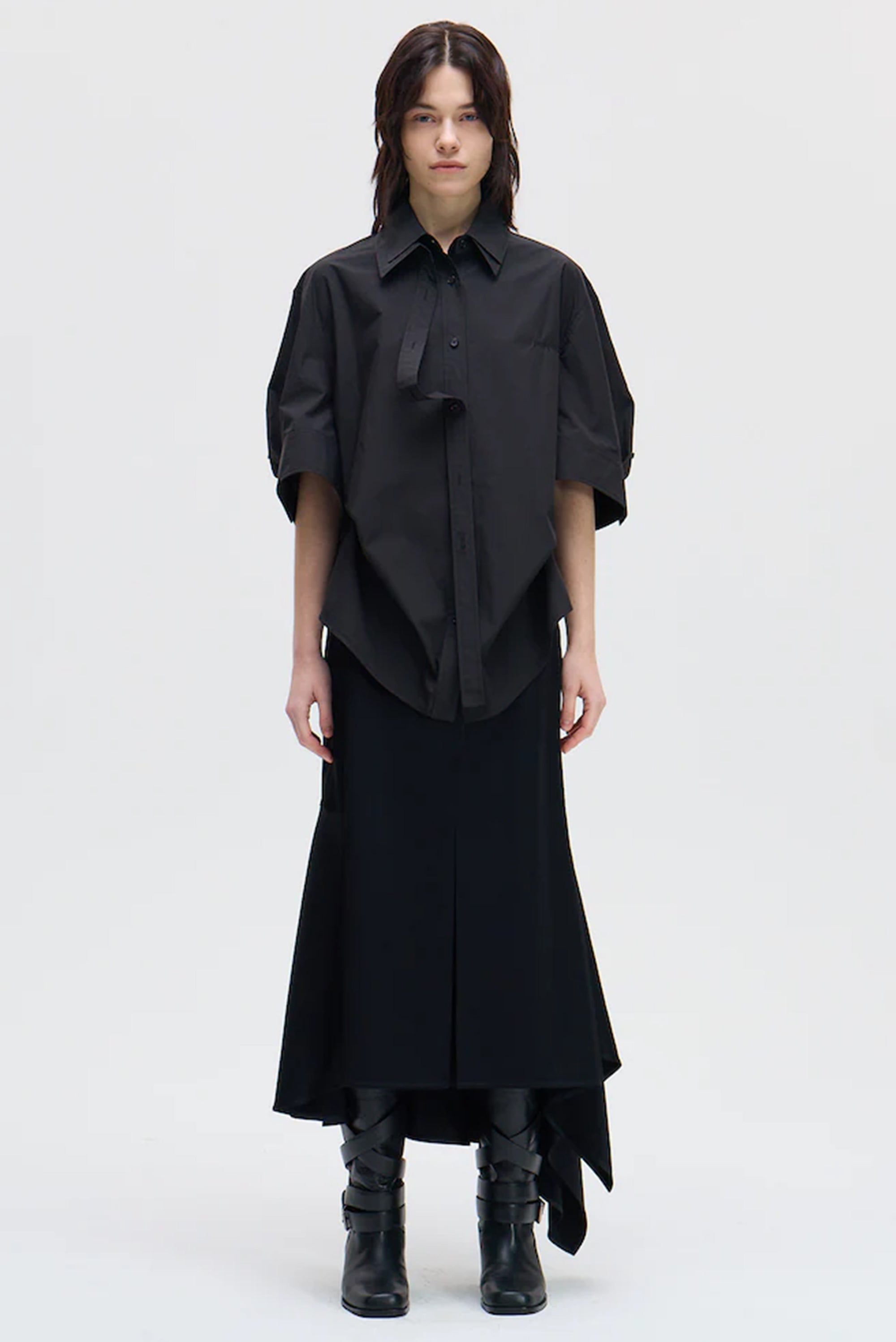 Placket Tie Button-Up Shirt - Black