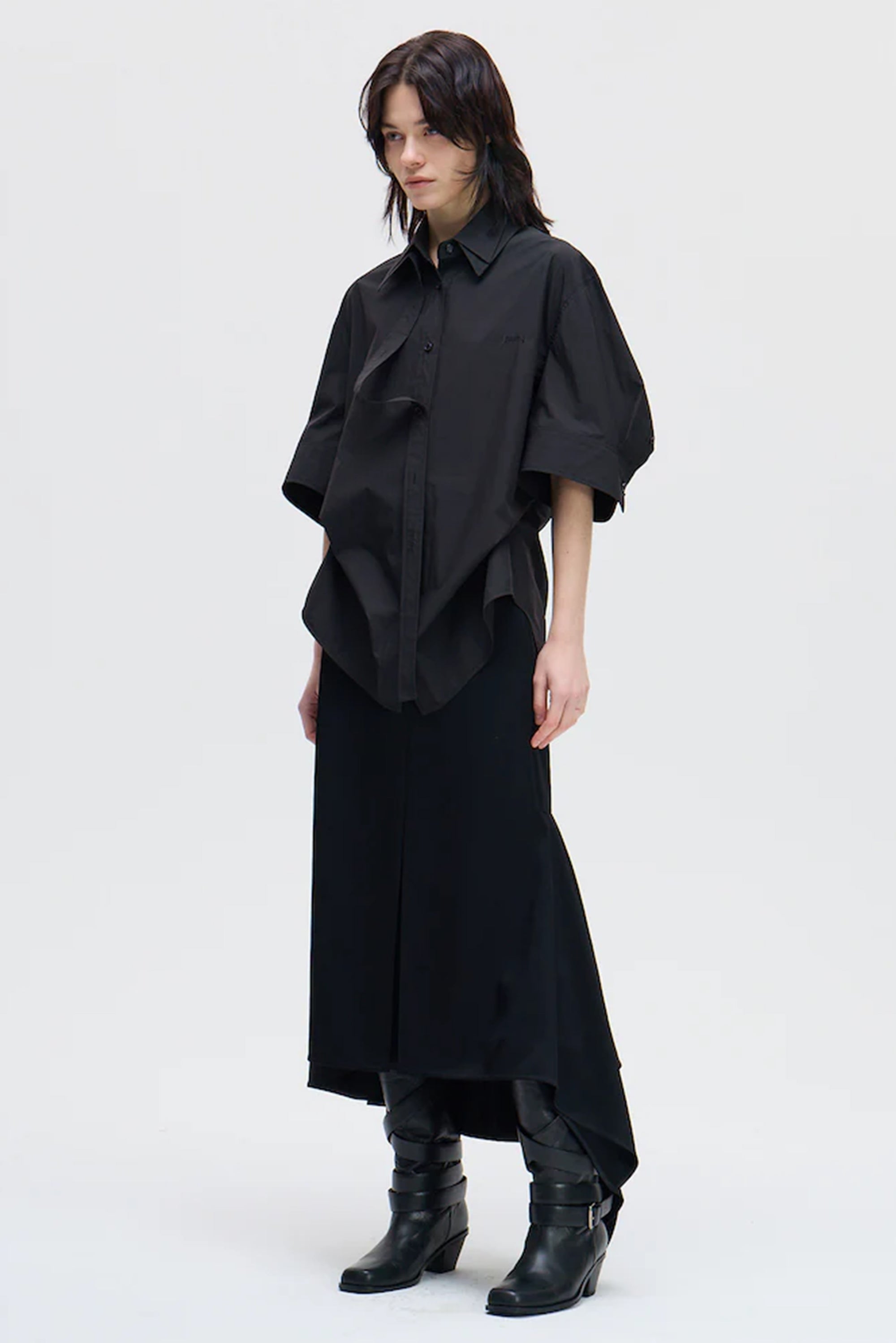 Placket Tie Button-Up Shirt - Black