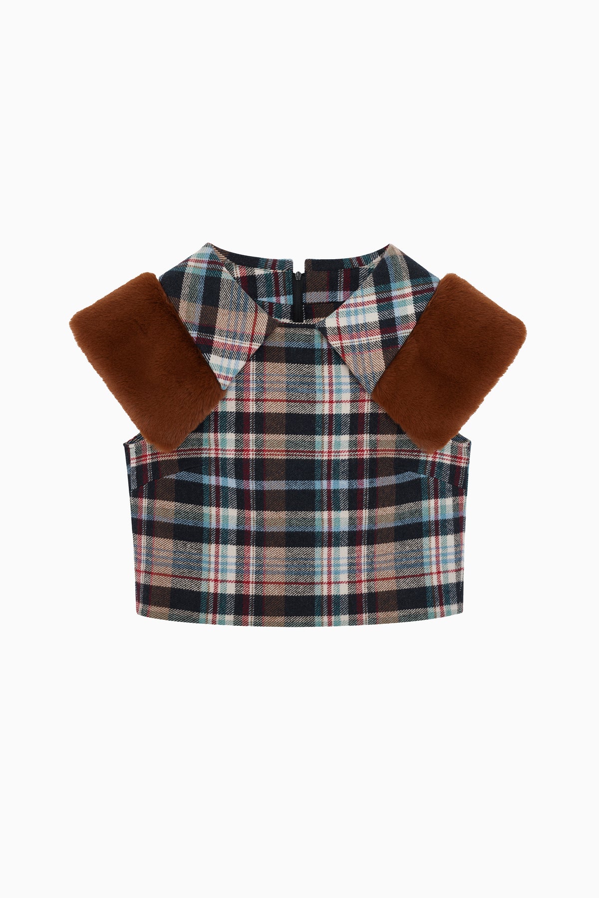 Lapel Sleeveless Crop Top - Plaid
