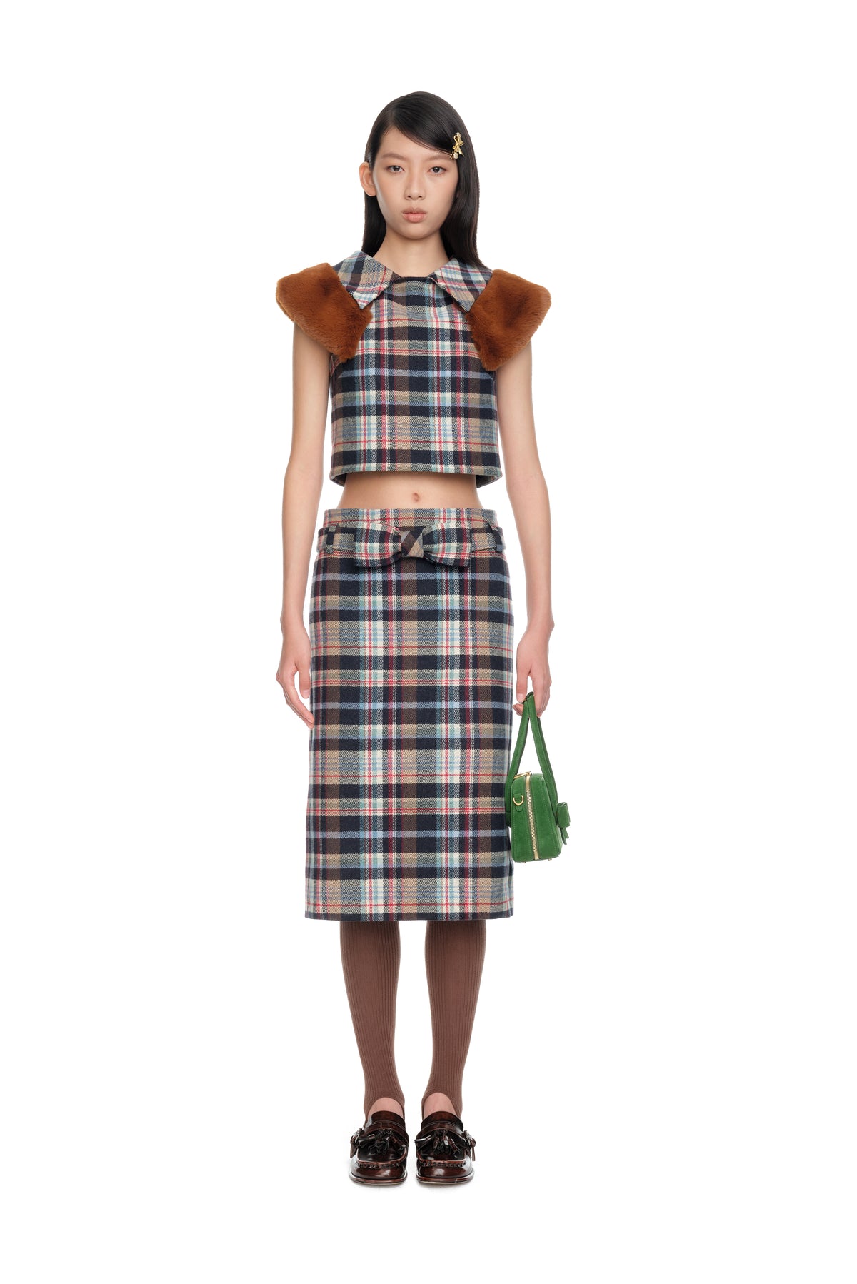 Lapel Sleeveless Crop Top - Plaid