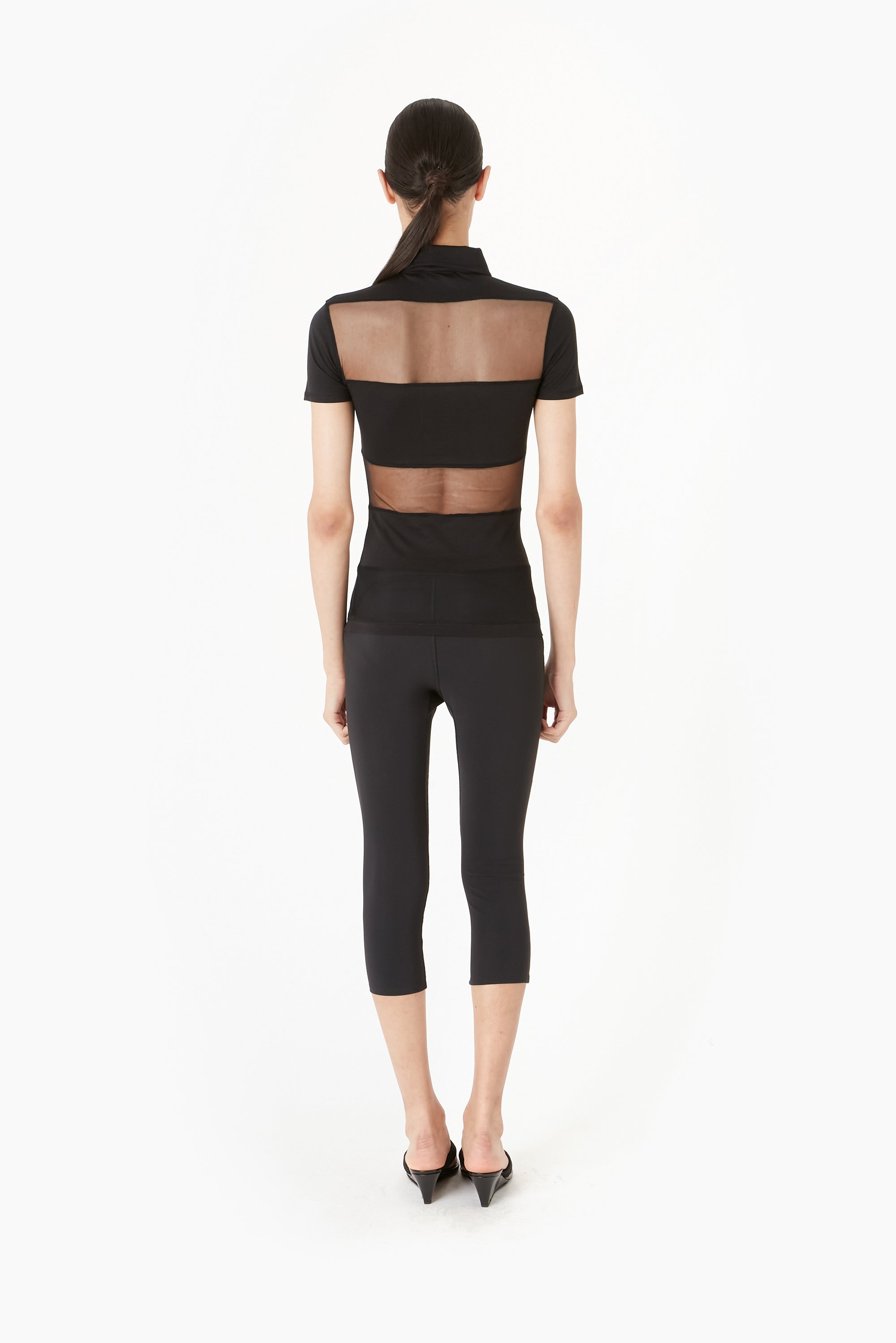 Knitted Striped Sheer Polo Top - Black