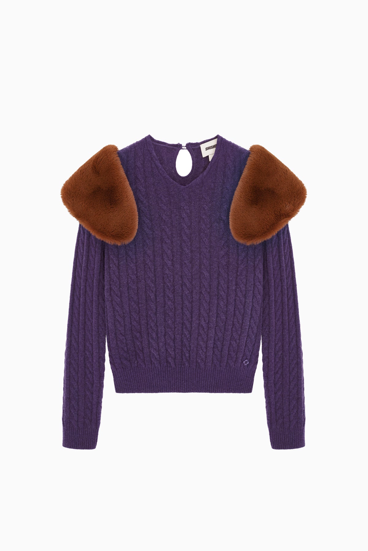 Decorative Fur Collar Cable Knit Top - Purple