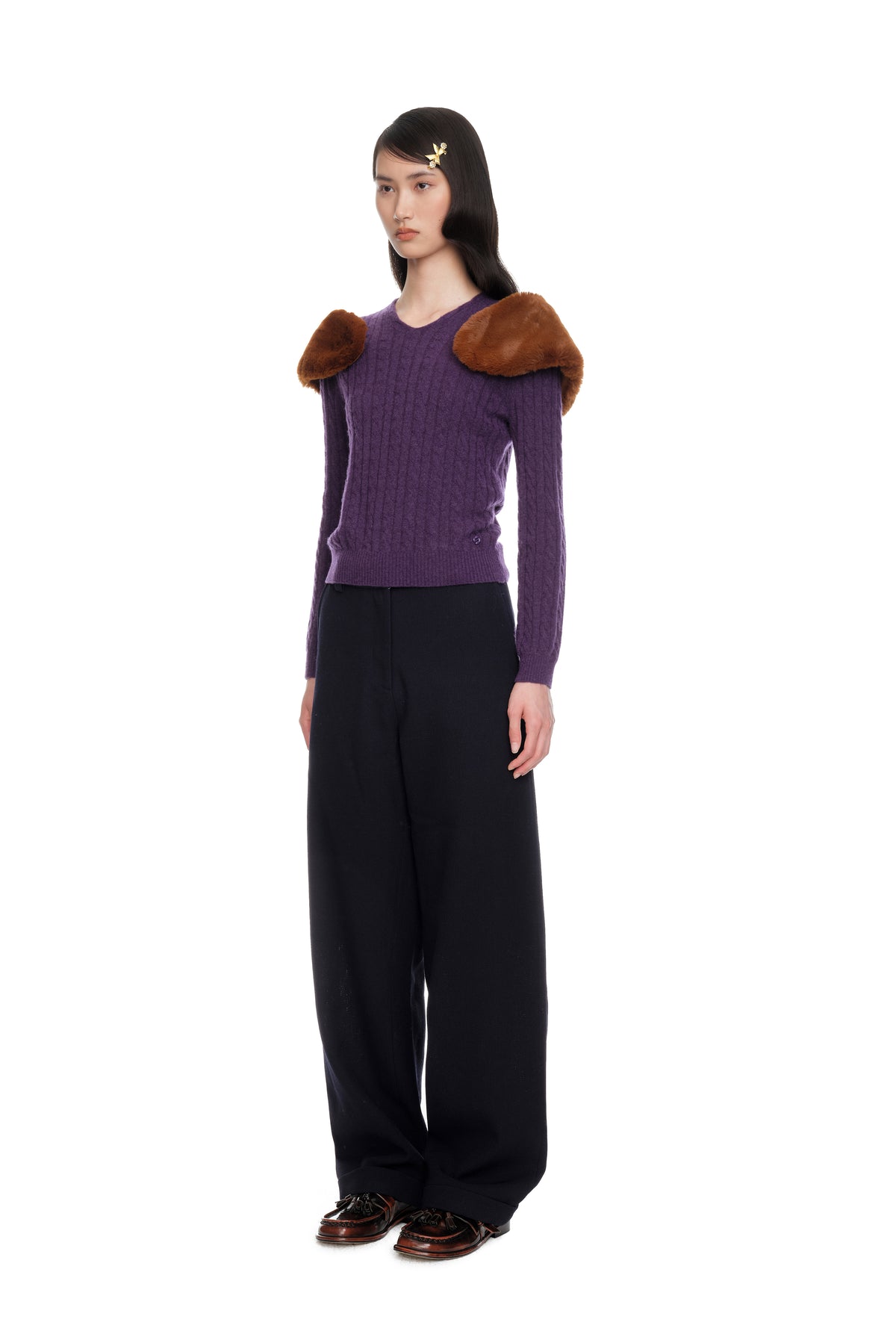 Decorative Fur Collar Cable Knit Top - Purple