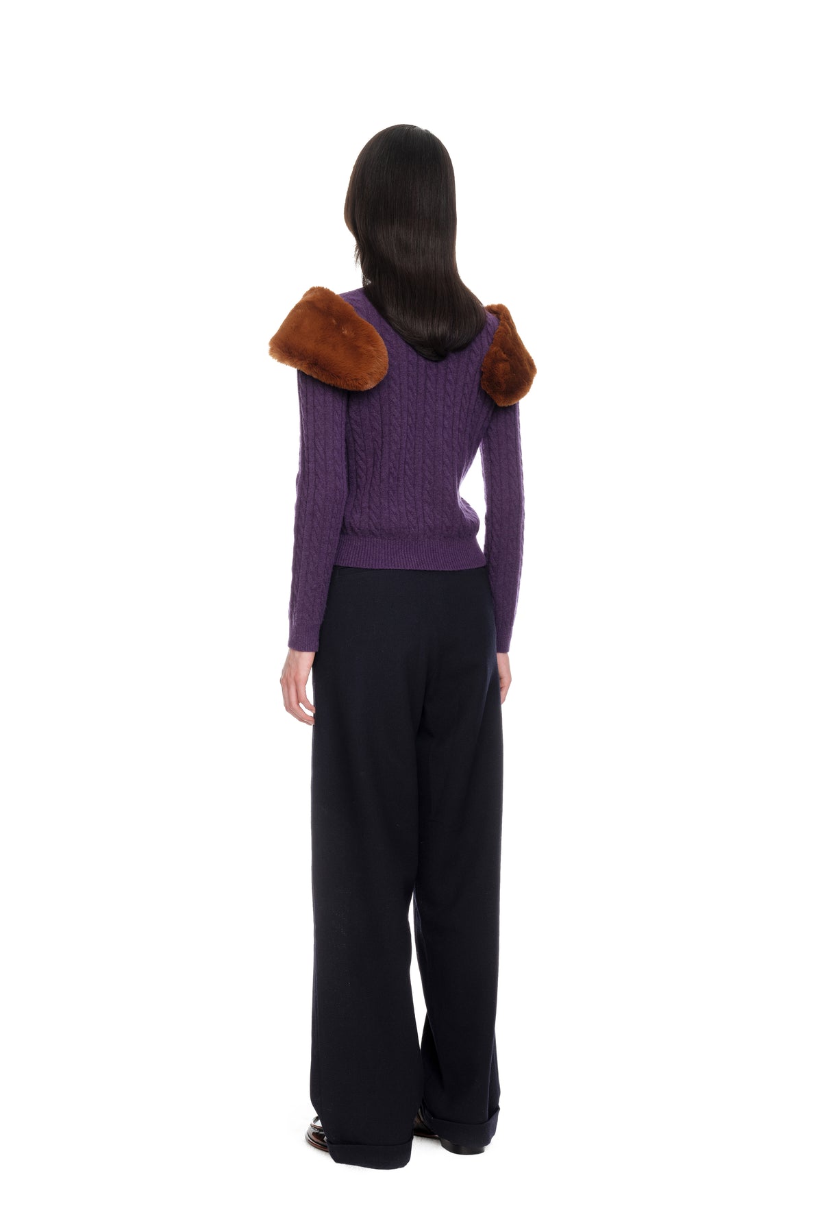 Decorative Fur Collar Cable Knit Top - Purple