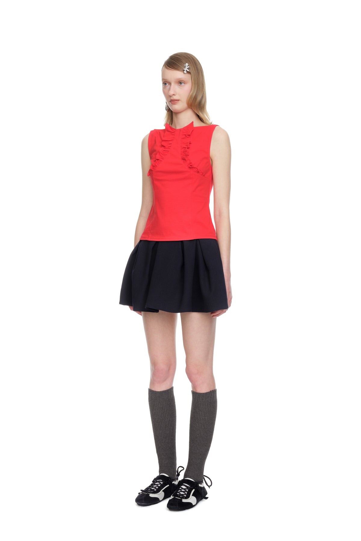 Lace Trim Sleeveless Fitted T-Shirt - Red