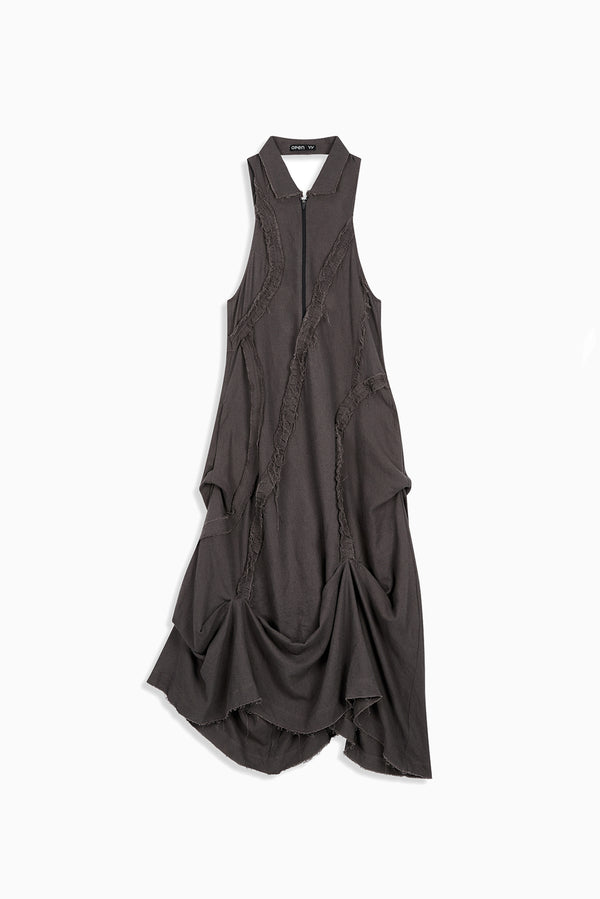 Ruffle Linen Maxi Dress - Grey