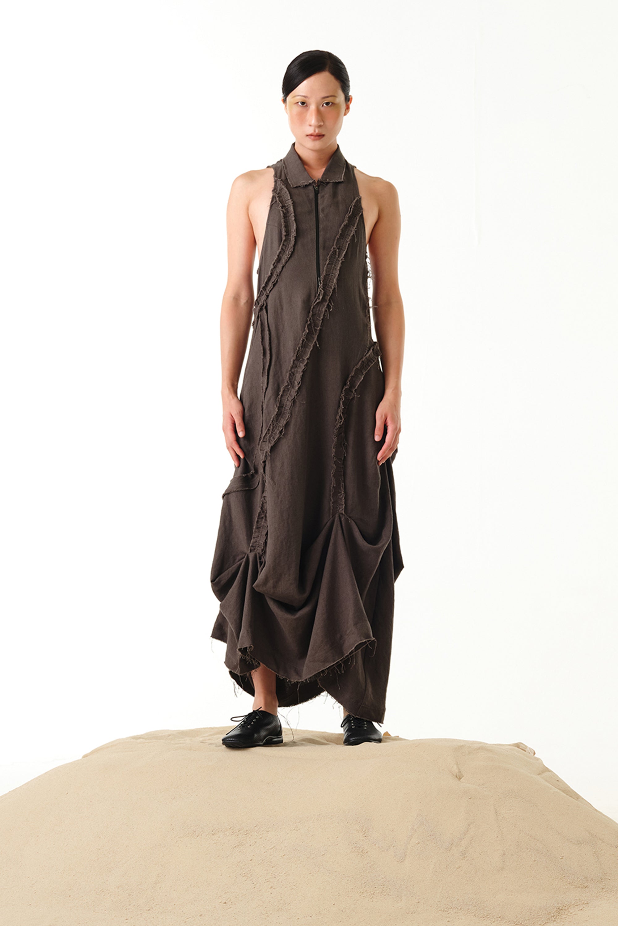 Ruffle Linen Maxi Dress - Grey