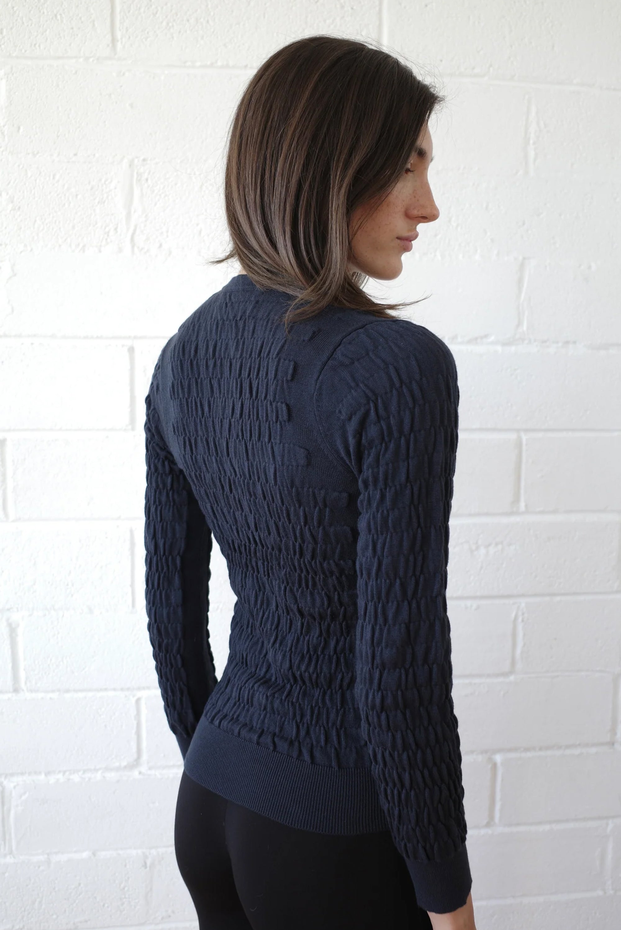 Shirred Knitted Cardigan - Navy
