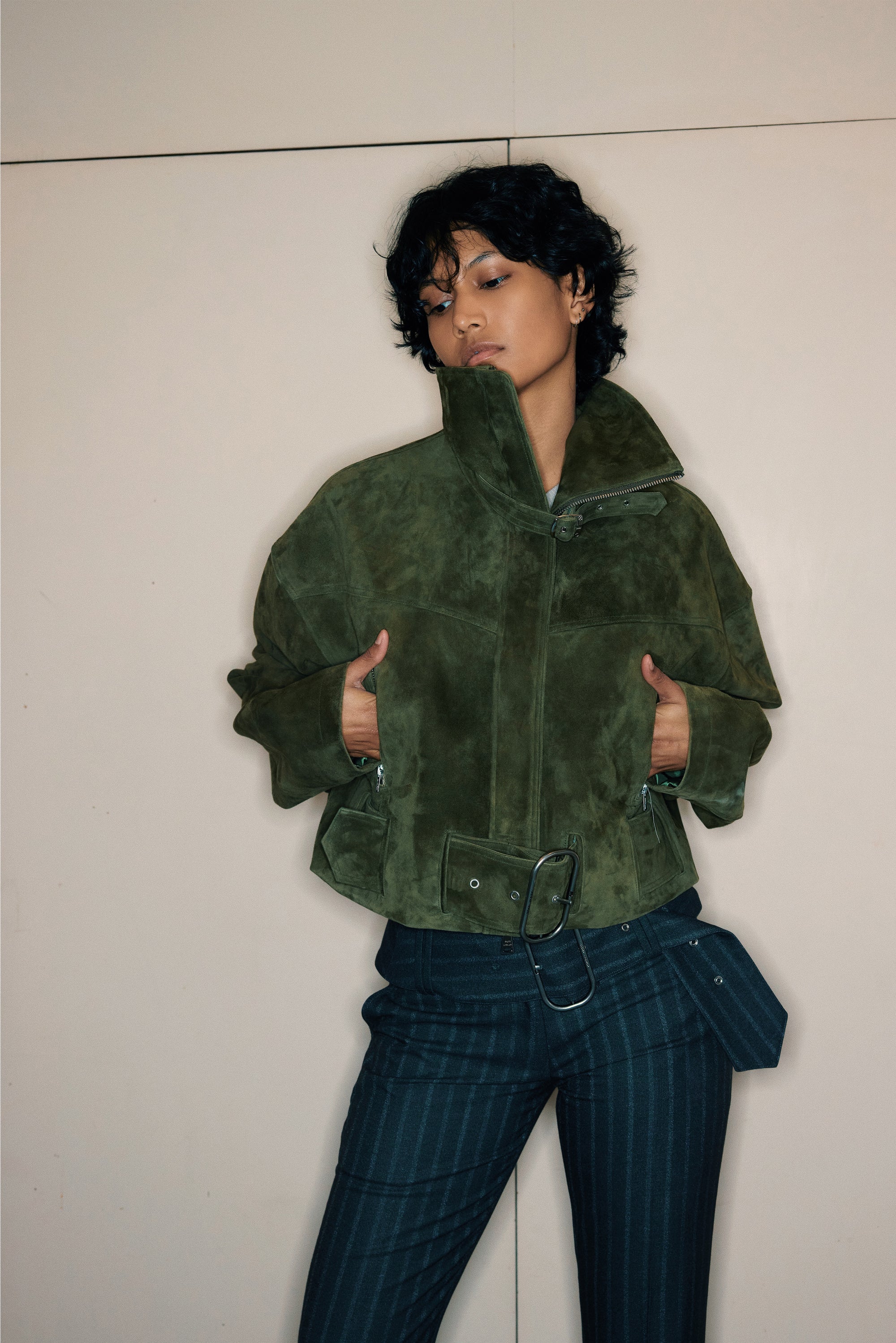Bonnie Suede Bomber Jacket - Dark Sage