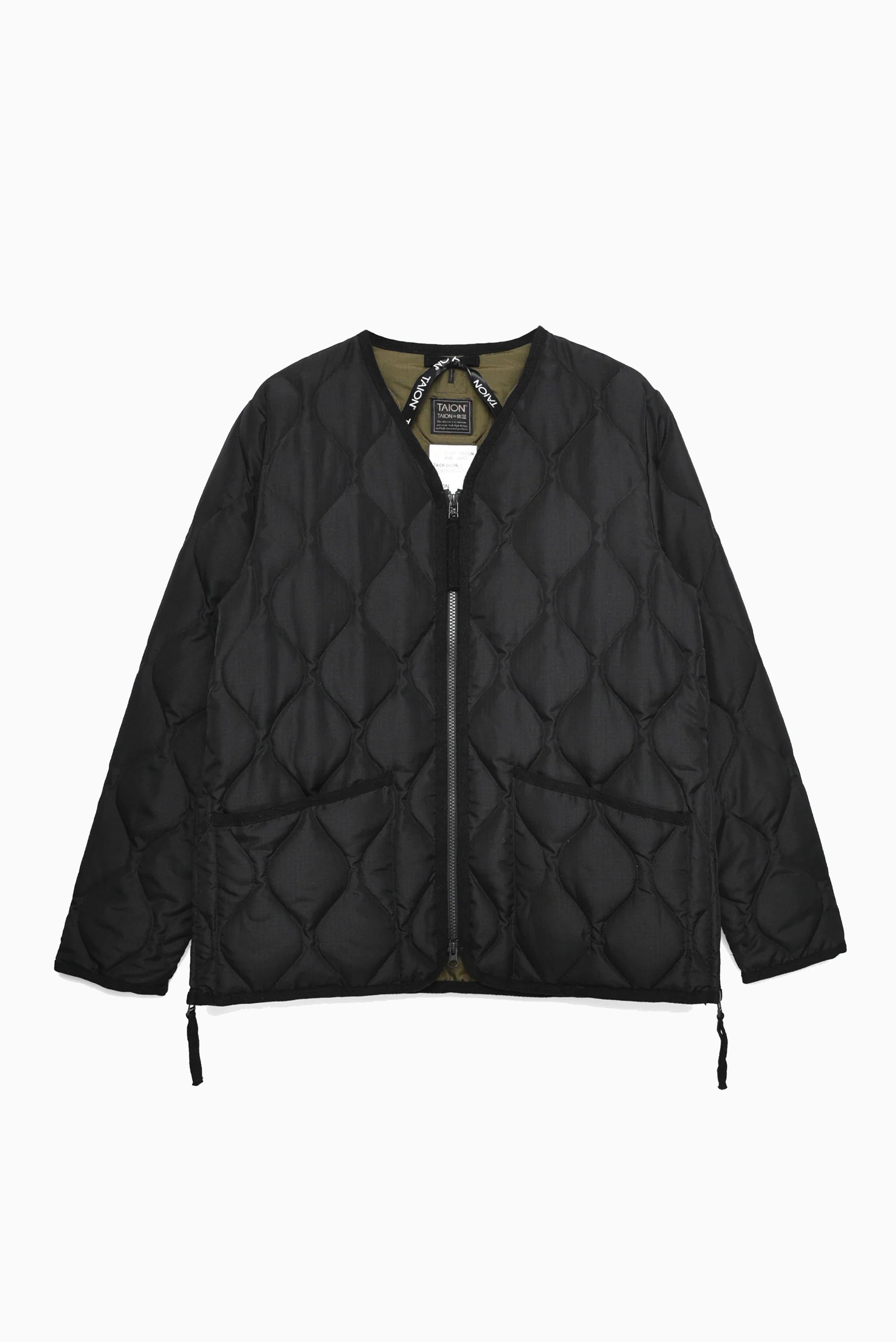 Military W-Zip V Neck Down Jacket - Black