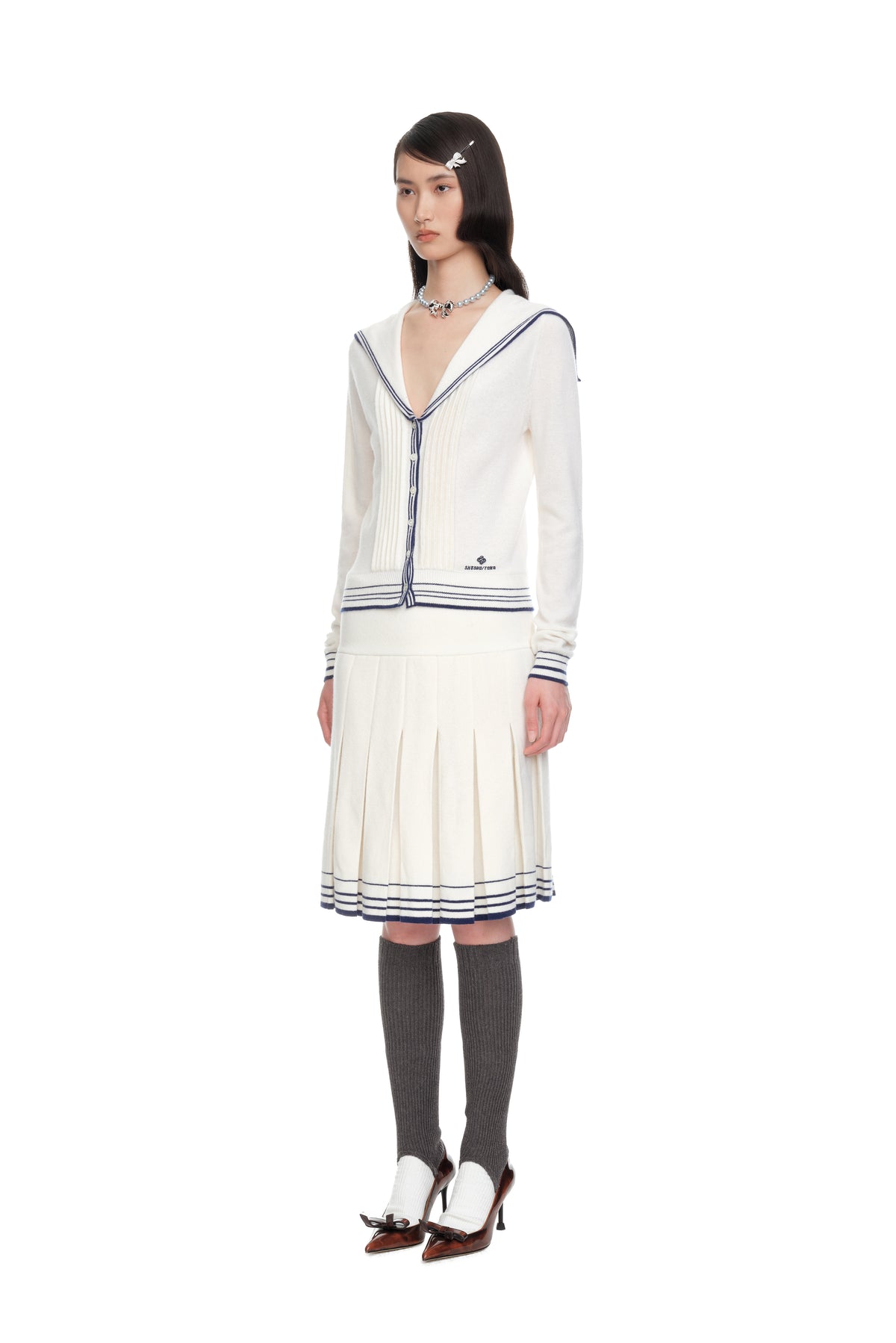 Sailor Collar Knit Cardigan - White